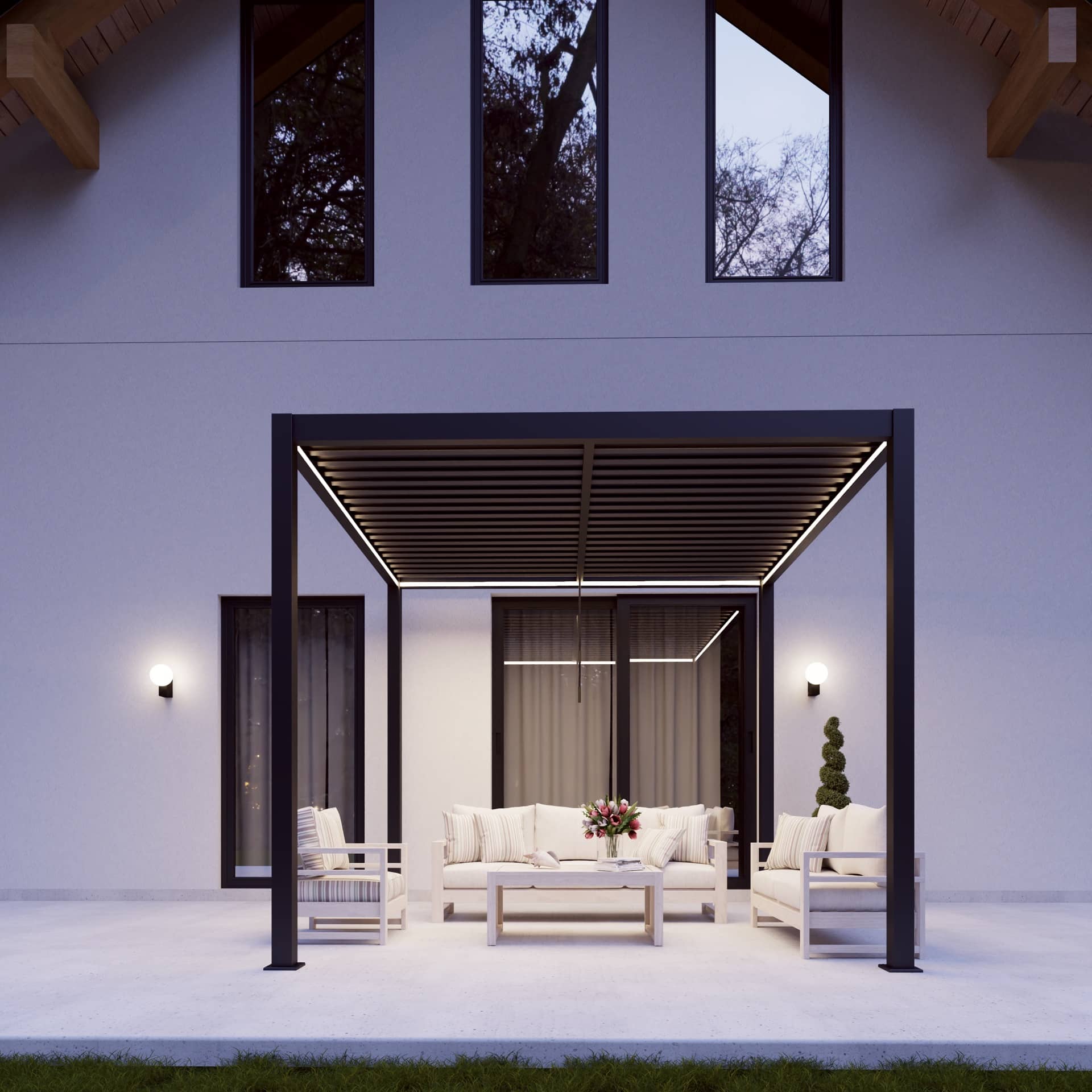Premium aluminium pergola installed beside a British home