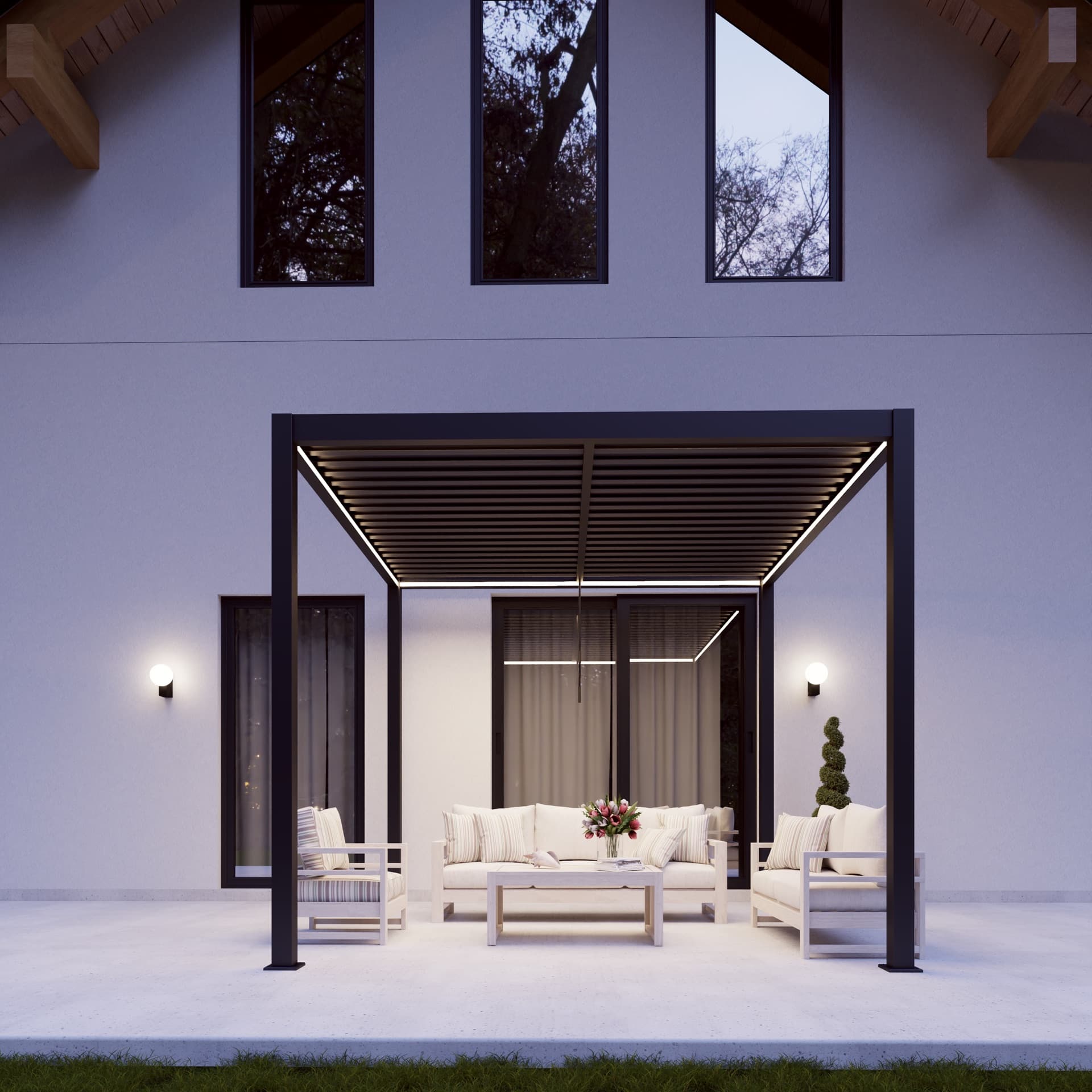 Pergola sheltering an outdoor dining area in the evening
