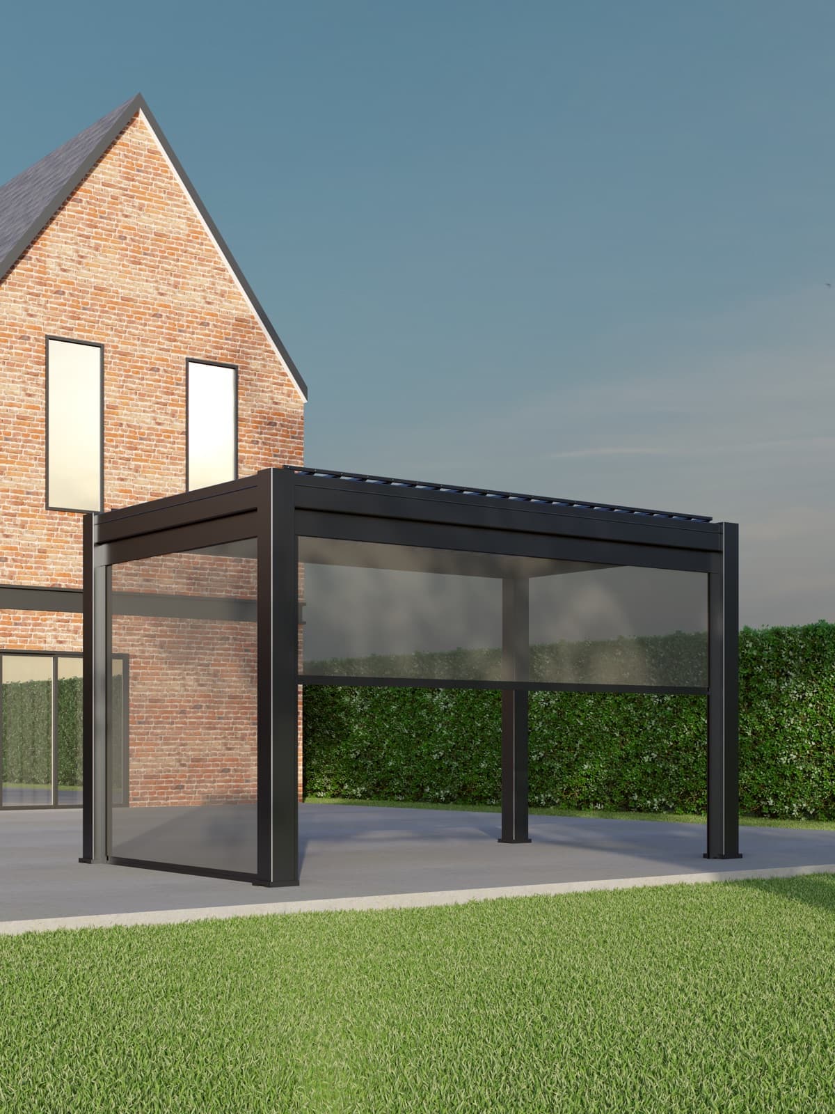 Saturn pergola beside a brick home
