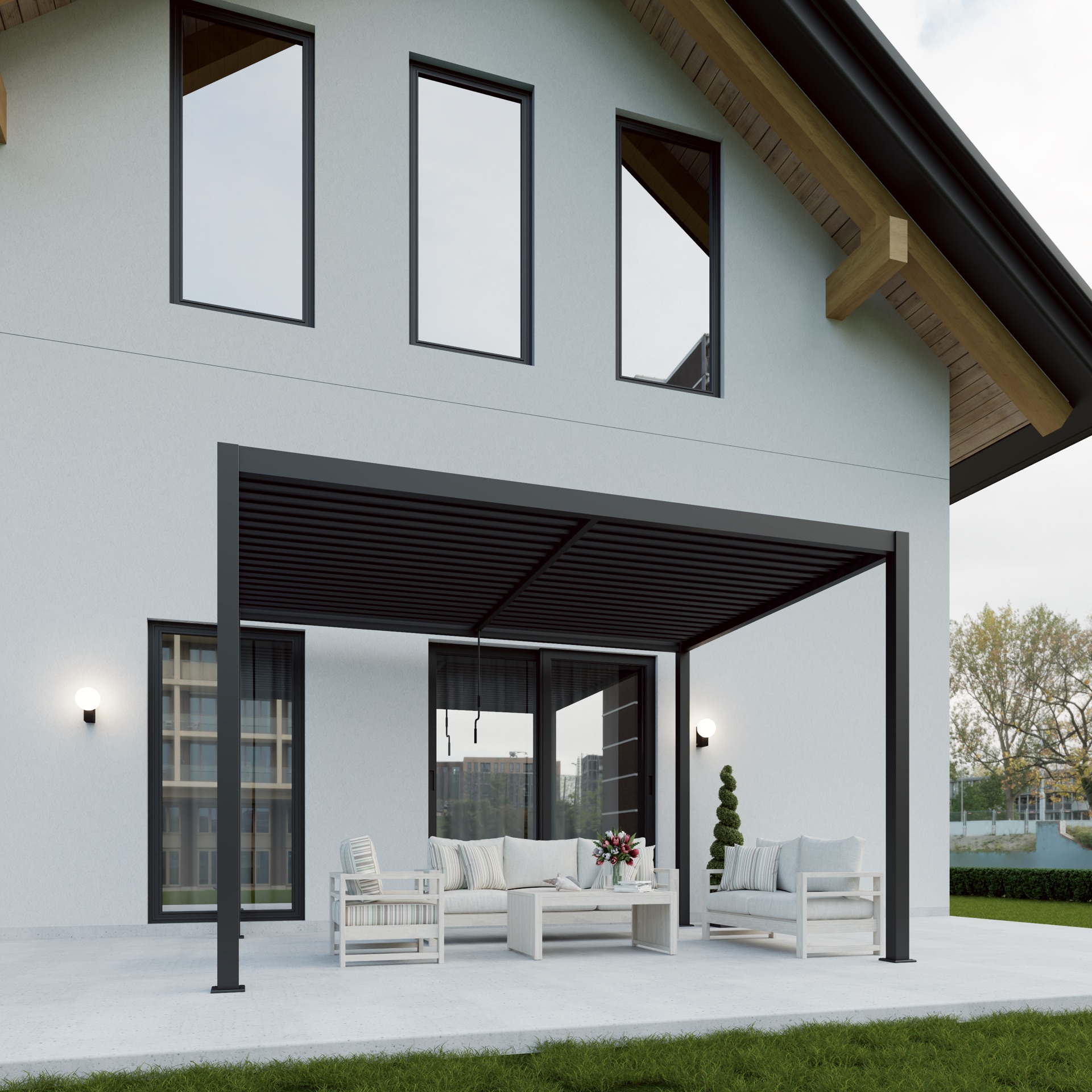 Wall-mounted pergola against a modern white home