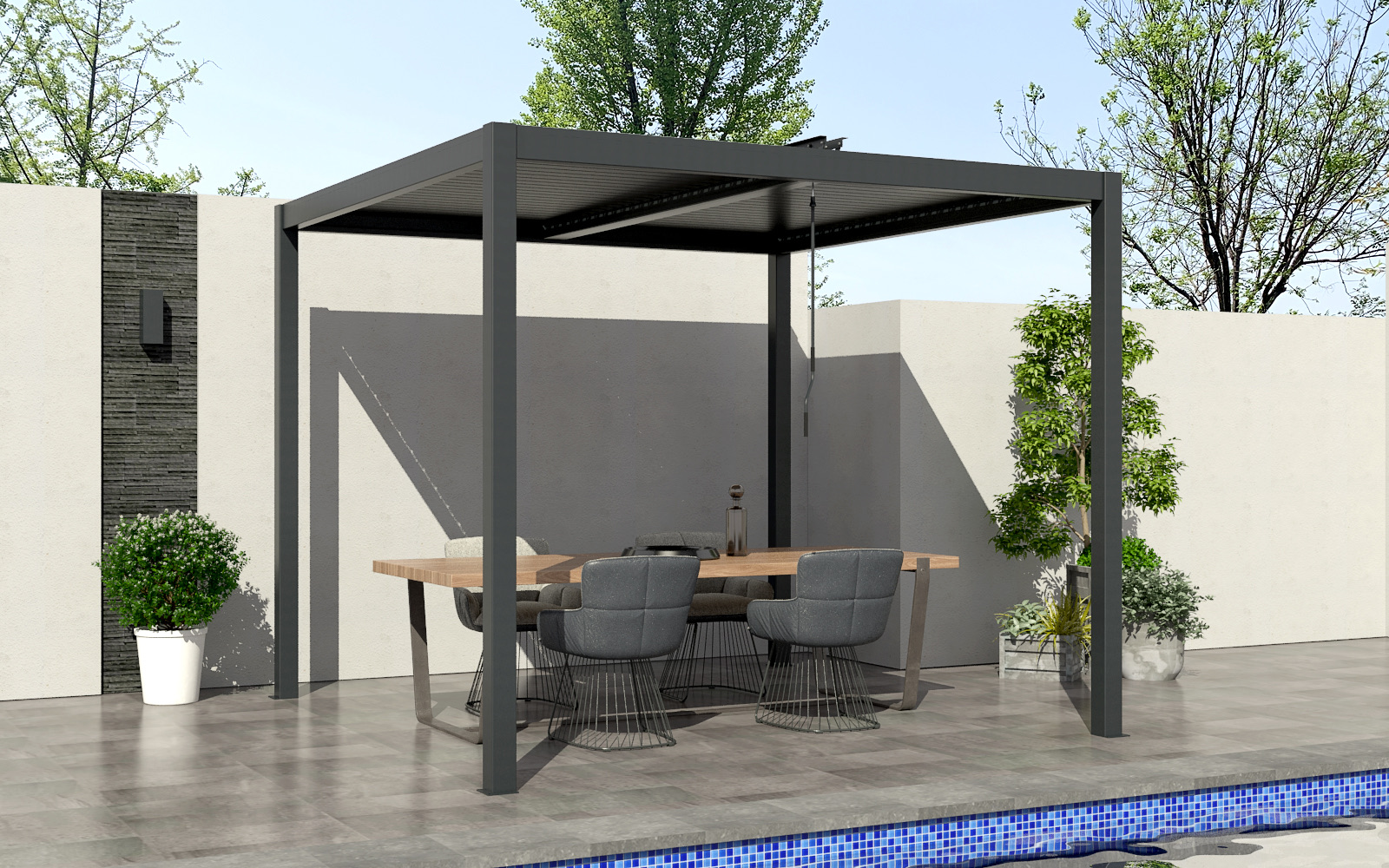 Large aluminium pergola beside a completed garden terrace